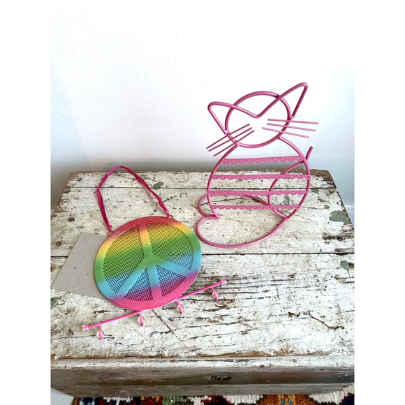 Pink Cat Earring Stand & Rainbow Peace Sign Jewelry Organizer Set Metal 2pc - Picture 2 of 6